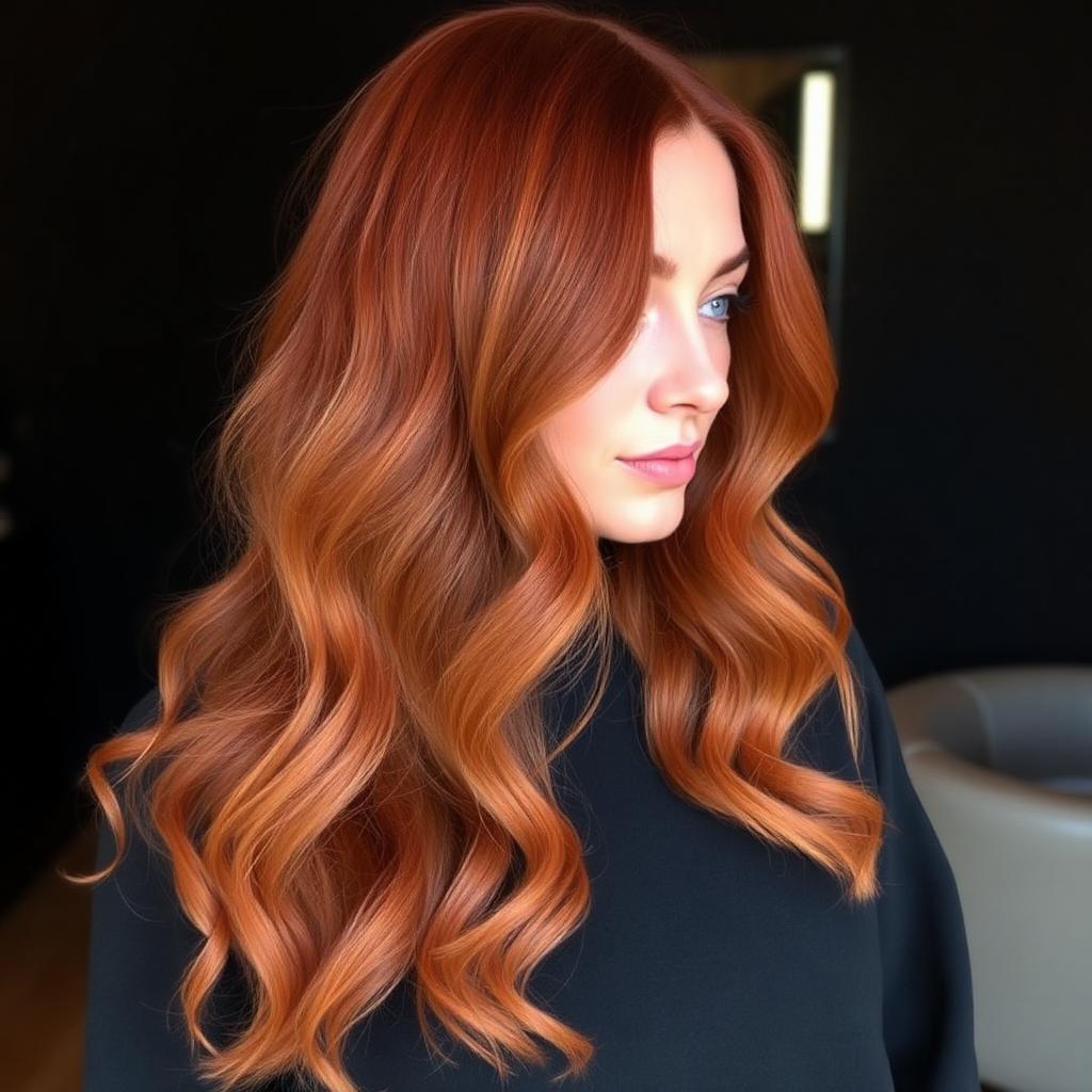 Lange Wellen in warmem Kupferrot nach einer Coloration im Salon