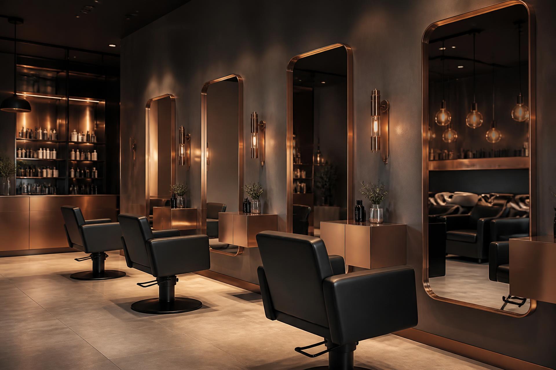 Innenraum des Salon Coole Frise mit Kupferspiegeln und warmem Licht
